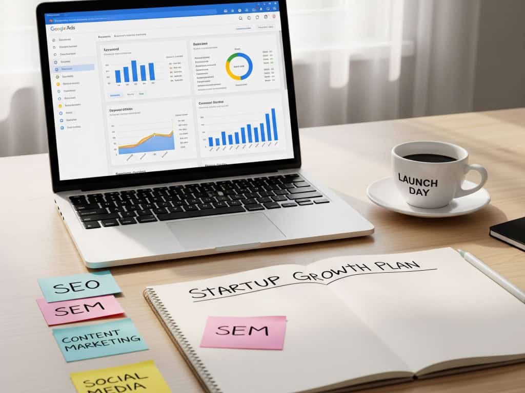 Laptop displaying Google Ads dashboard with startup growth notes and keywords on a desk.