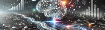 Digital illustration of abstract data streams, interconnected nodes, and glowing effects in blues and oranges, representing AI transforming businesses.