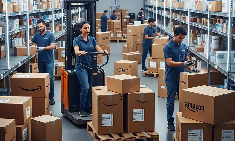 Busy Amazon B2B fulfillment warehouse with workers, forklift, and stacked Amazon boxes