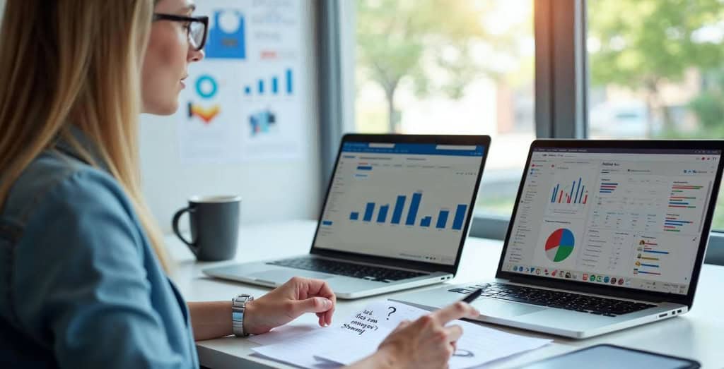 Businesswoman analyzing PPC performance metrics on dual laptops, reviewing bar graphs, pie charts, and campaign reports with notes on conversion strategy.