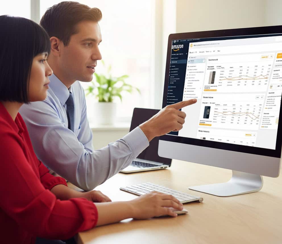 Clk Marketing agency team reviewing an Amazon Business dashboard on a computer screen. The image depicts a meeting focused on strategies for improved visibility in Amazon Business search results, better return on ad spend (ROAS), controlled ACoS, attracting more qualified B2B buyers and larger orders, and building campaigns that scale with business growth.