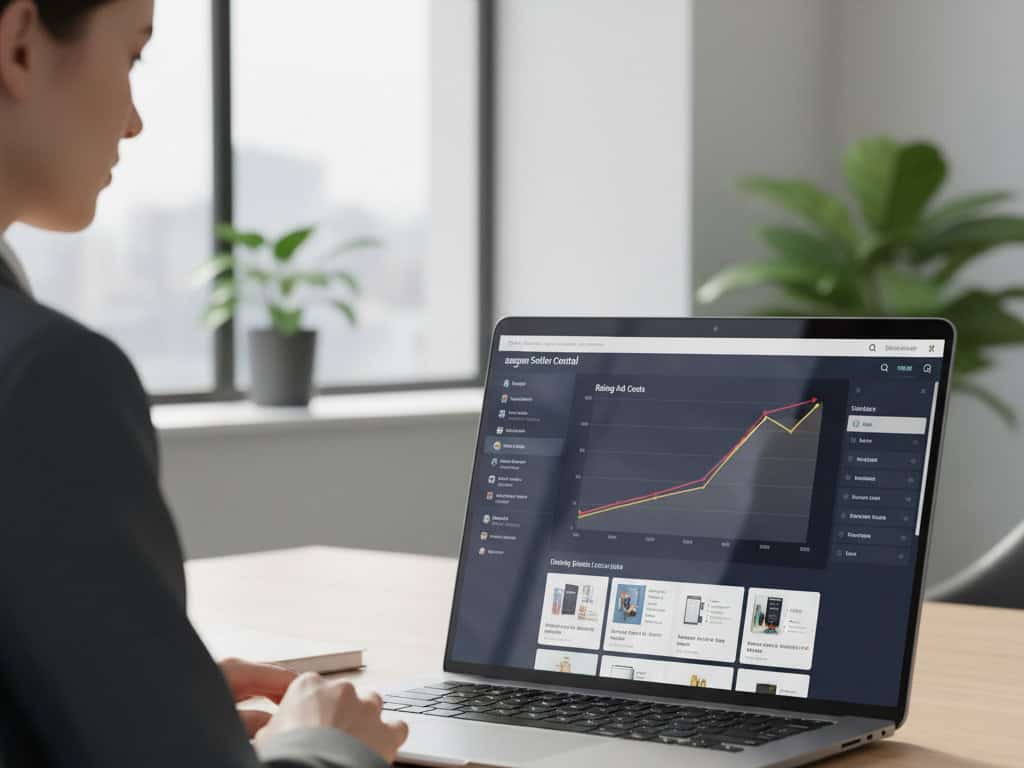 Business owner reviewing Amazon asvertising performance on a laptop dashboard, analysing ad spend and sales data.