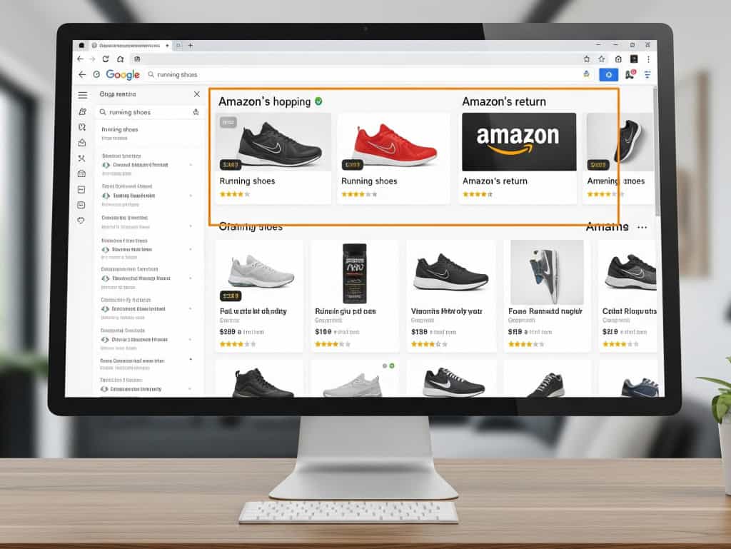 Photo-realistic e-commerce concept showing a search results page with Google Shopping product ads highlighted, symbolising Amazon’s return to the platform.