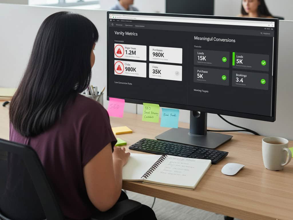 Marketer reviewing a split PPC dashboard highlighting the difference between vanity metrics like clicks and true conversions such as leads and purchases.