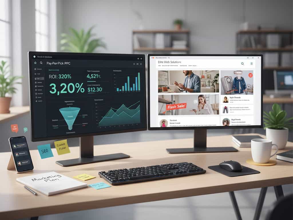 Photo-realistic workspace with two computer screens: one showing PPC dashboard and conversion metrics, the other showing ad previews.