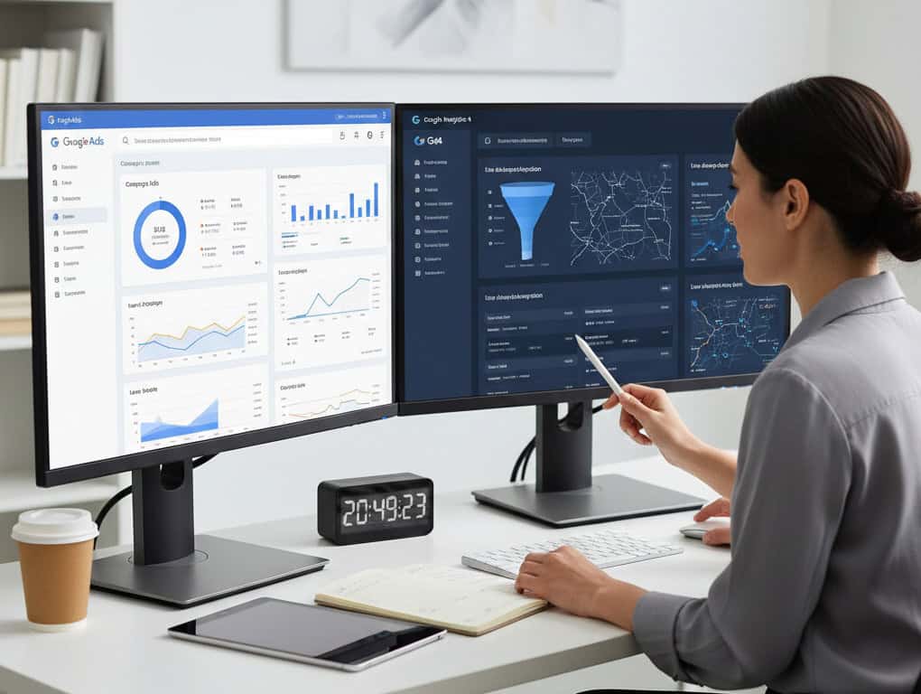 Comparison of Google Ads and GA4 conversion data shown on two laptops, highlighting differences in how conversions are measured