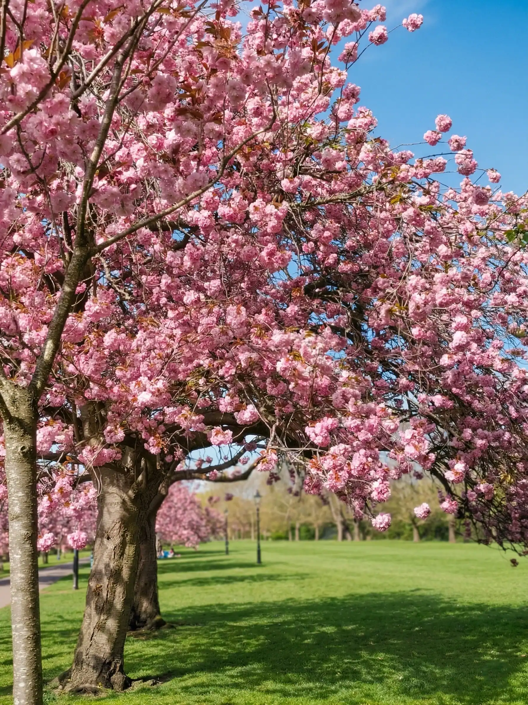 Cherry blossom trees in Harrogate park on a sunny day