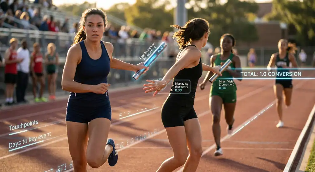 A realistic action photo of a relay race handoff at sunset, representing the concept of fractional conversion credit. A female runner passes a baton labeled 'Monday - Search Ad 0.33' to a second runner whose hand is labeled 'Wednesday - Display Ad 0.33'. In the distance, a third runner and a finish line indicate a 'TOTAL: 1.0 CONVERSION' - The article as discuss to improve conversion rate optimisation