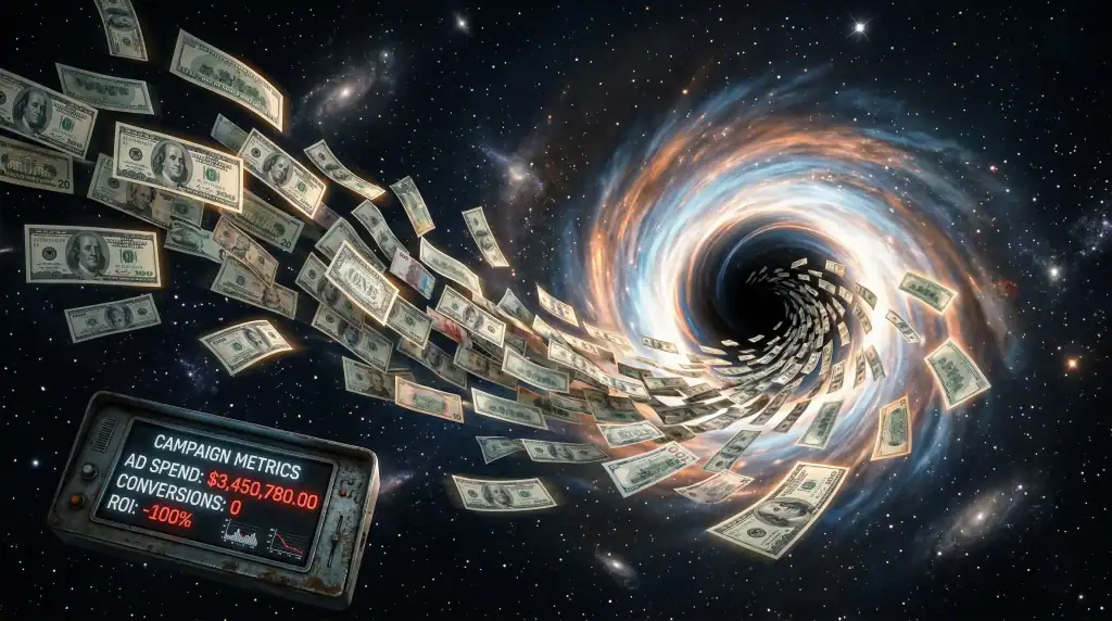 Illustration showing why Google Ads are not generating leads, with ad spend disappearing and zero conversions recorded.