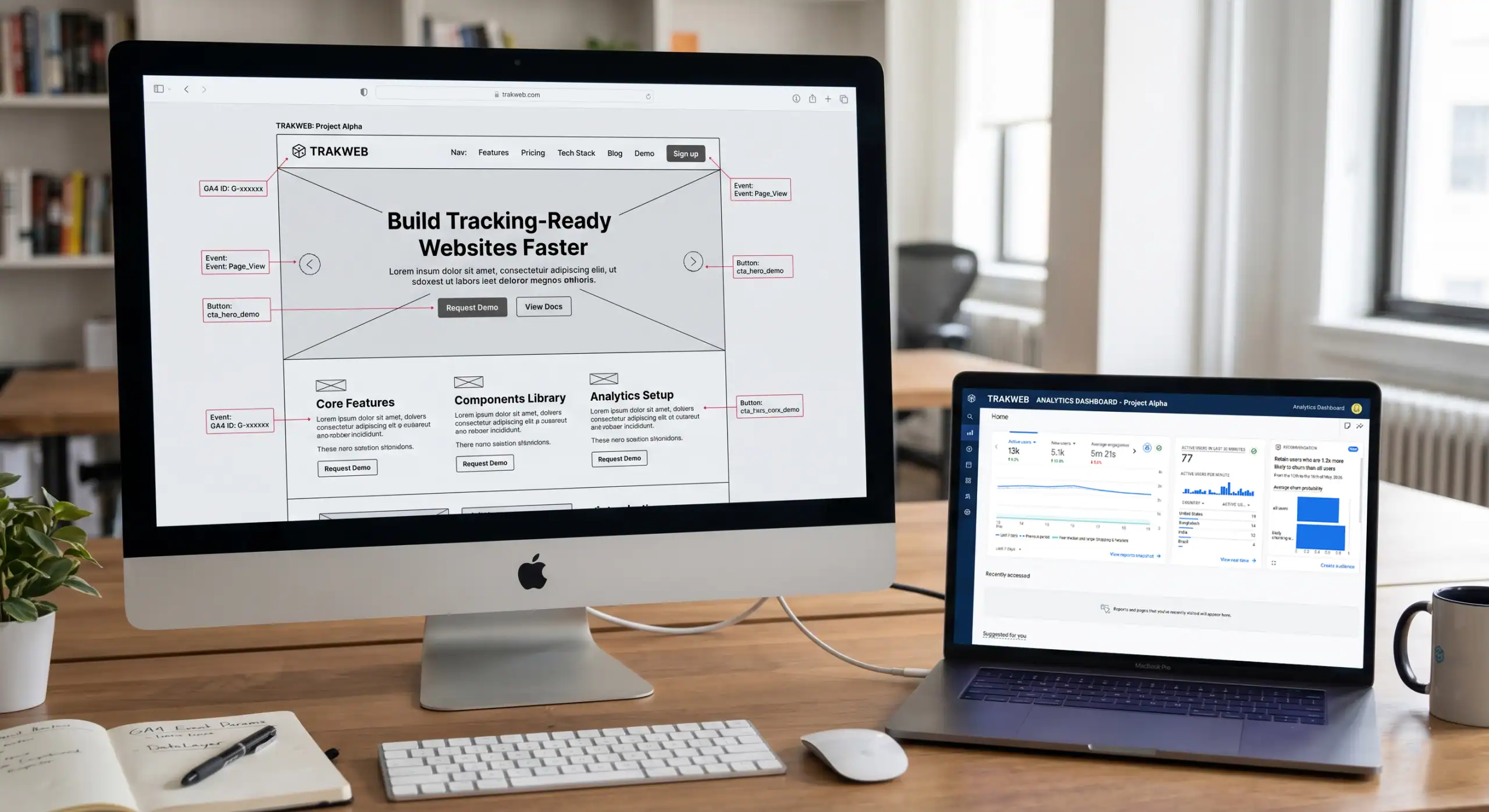 Business website development dashboard showing website wireframes and analytics tracking