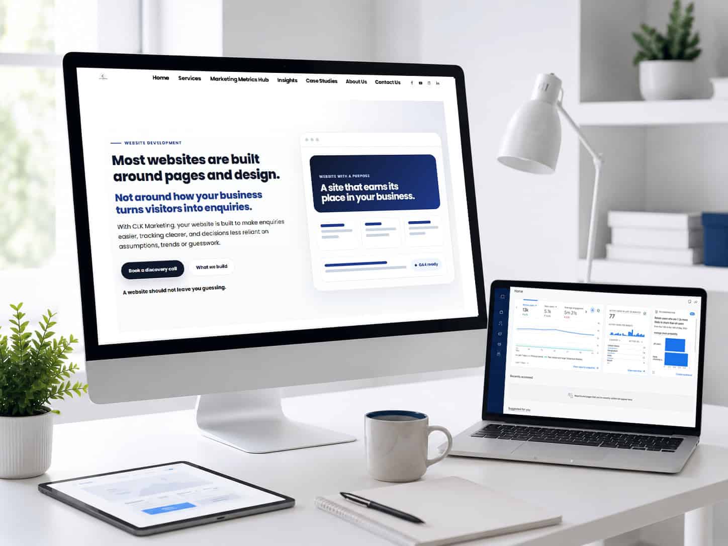 Website wireframes and analytics dashboards shown on desktop and laptop screens for tracking-ready web development